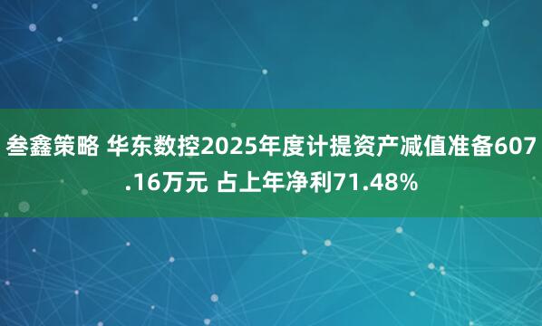 叁鑫策略 华东数控2025年度计提资产减值准备607.16万元 占上年净利71.48%